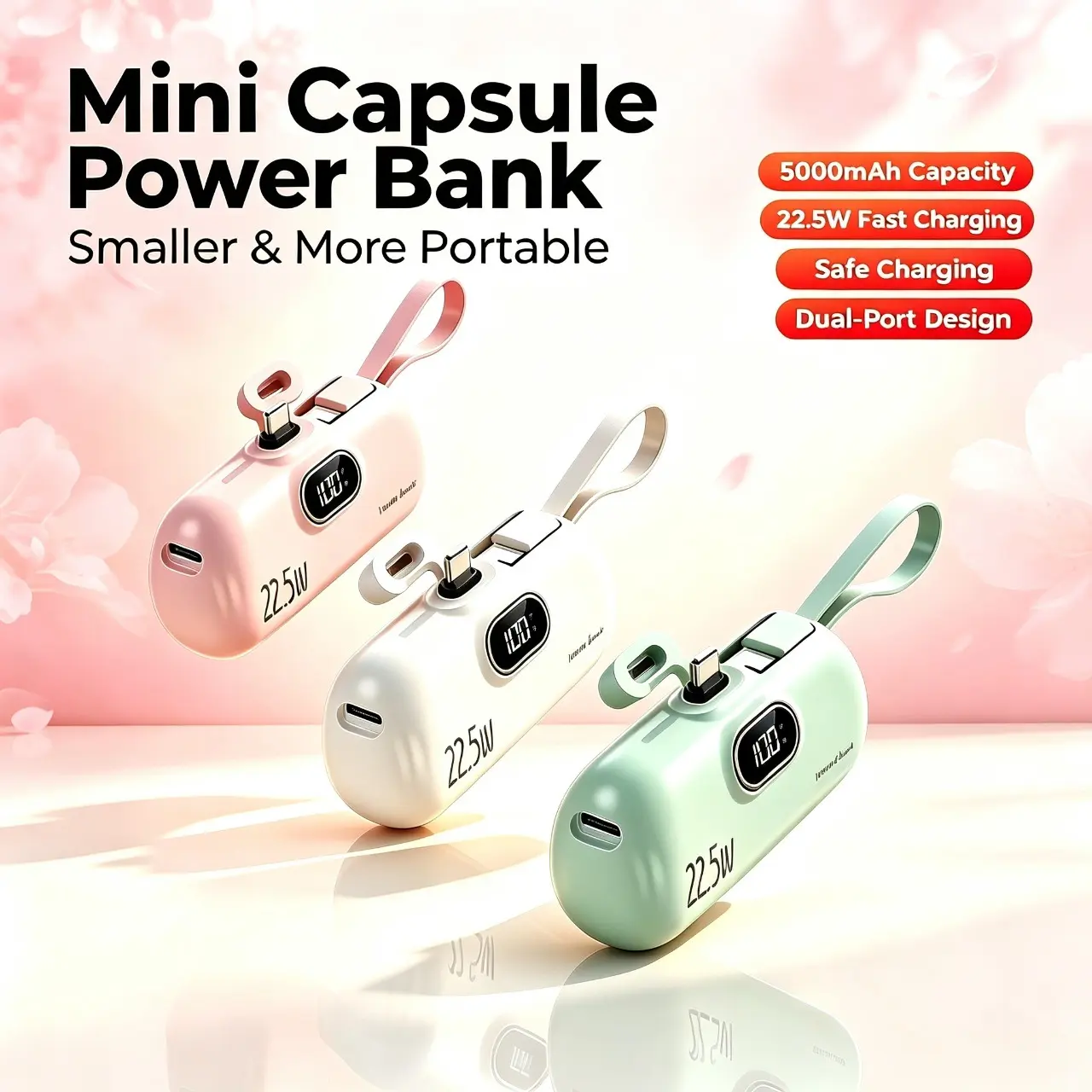 [Free Ship]22.5W Rapid Output Mini Portable Charger, 5000mAh Mini Power Bank, Dual Ports with LED Digital Power Indicator, Travel Essential Compact Phone Charger