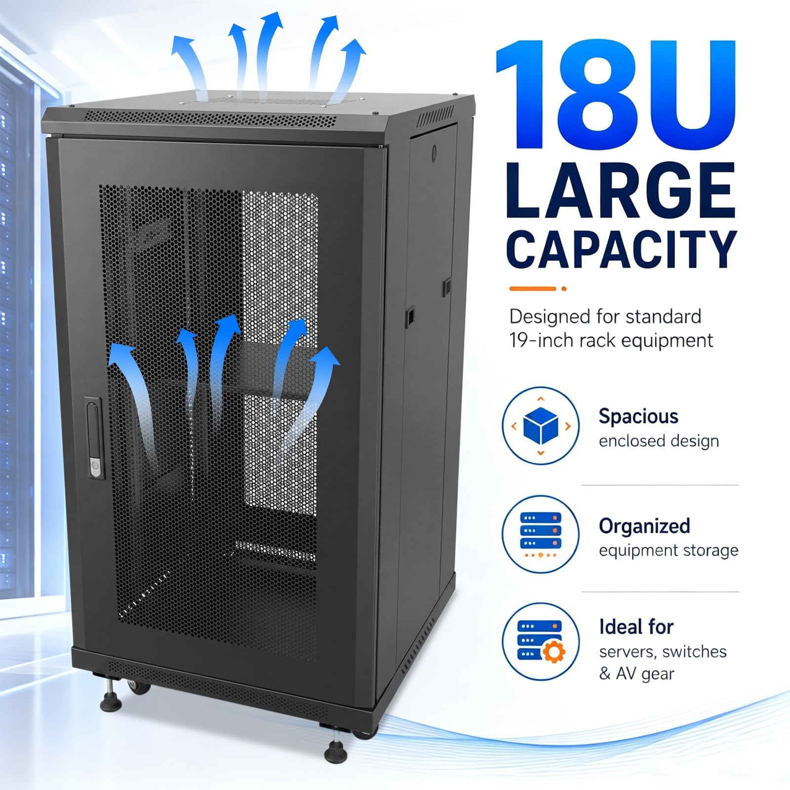 18U Server Rack Cabinet 19 Inch Enclosed Network Rack with Wheels  Server Rack Cabinet with Adjustable Rails, Lockable Mesh Door, Cable Management, Shelf and 992 Lbs Capacity