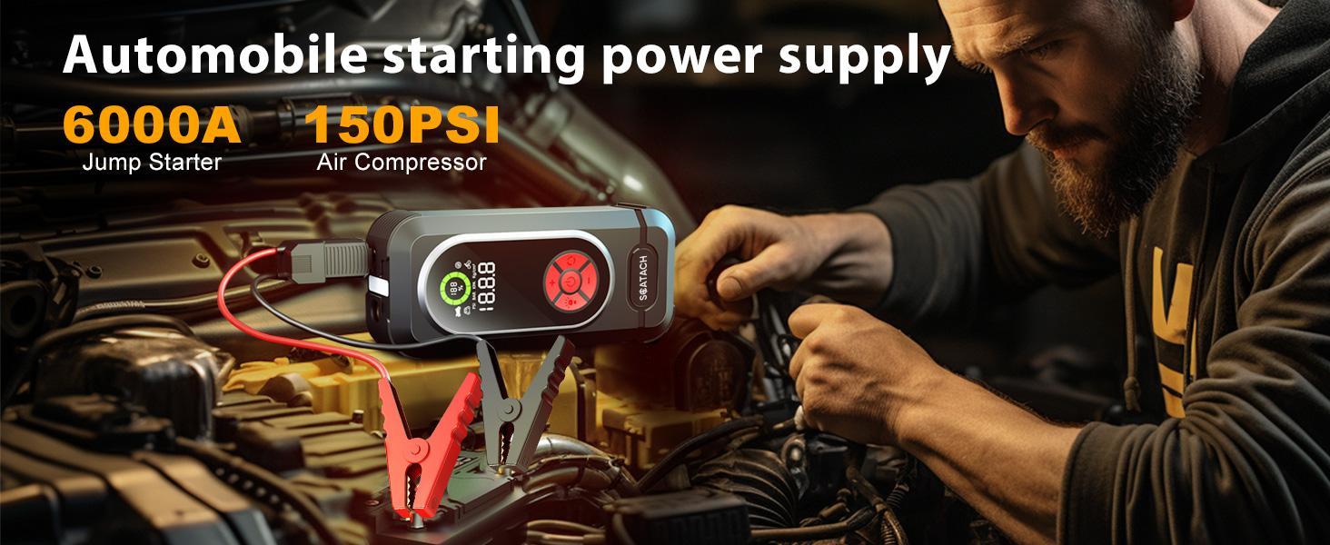 6000A Jump Starter with Air Compressor, Car Battery Jump Starter Portable (10.0 Gas/10.0L Diesel), 150 PSI 12V Car Battery Jump Box with Tire Inflator, Jumper Cables, LED Light, LED Display