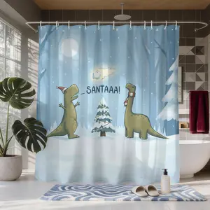 Jurassic Dinosaur Christmas Eve Shower Curtain, Humorous Hand-drawn Illustration Style Bathroom Decor, Waterproof and Moisture-proof, Includes 12 Hooks, Suitable for SPA Salons, Homes, Hotels, Dormitories