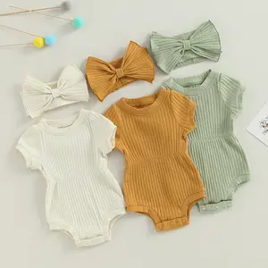 Newborn Baby Girl Summer Outfits Short Sleeve Knit Jumpsuit Romper with Headband Summer 2 Piece Clothes