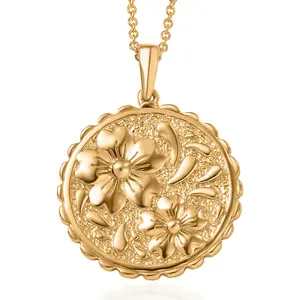Flower Pendant in 18K Yellow Gold Plated Bronze with ION Plated Yellow Gold Stainless Steel Necklace 20 Inches