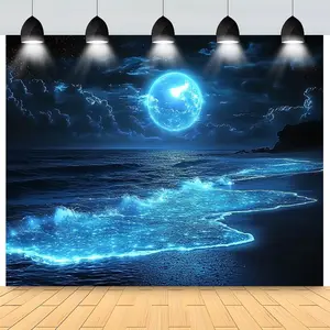 1pc Ocean Waves Glow-in-the-Dark Tapestry - Polyester, No Power Needed, Ideal for Holiday Parties, Birthdays, Anniversaries, Weddings - Versatile Indoor/Outdoor Decor, Event Backdrop|Starry Night Design|Event Decor, Beach Theme Decor White