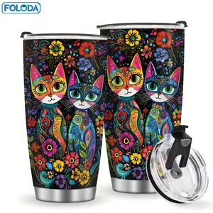 1pc of a 20Oz Vintage-Style Stainless Steel Insulated Cup Featuring a Cat And Flowers, Perfect As Gifts for Animal Enthusiasts. It'S Reusable And Ideal for Travel, Serving As a Coffee Mug for Cars. Suitable for Birthdays, Christmas, Thanksgiving