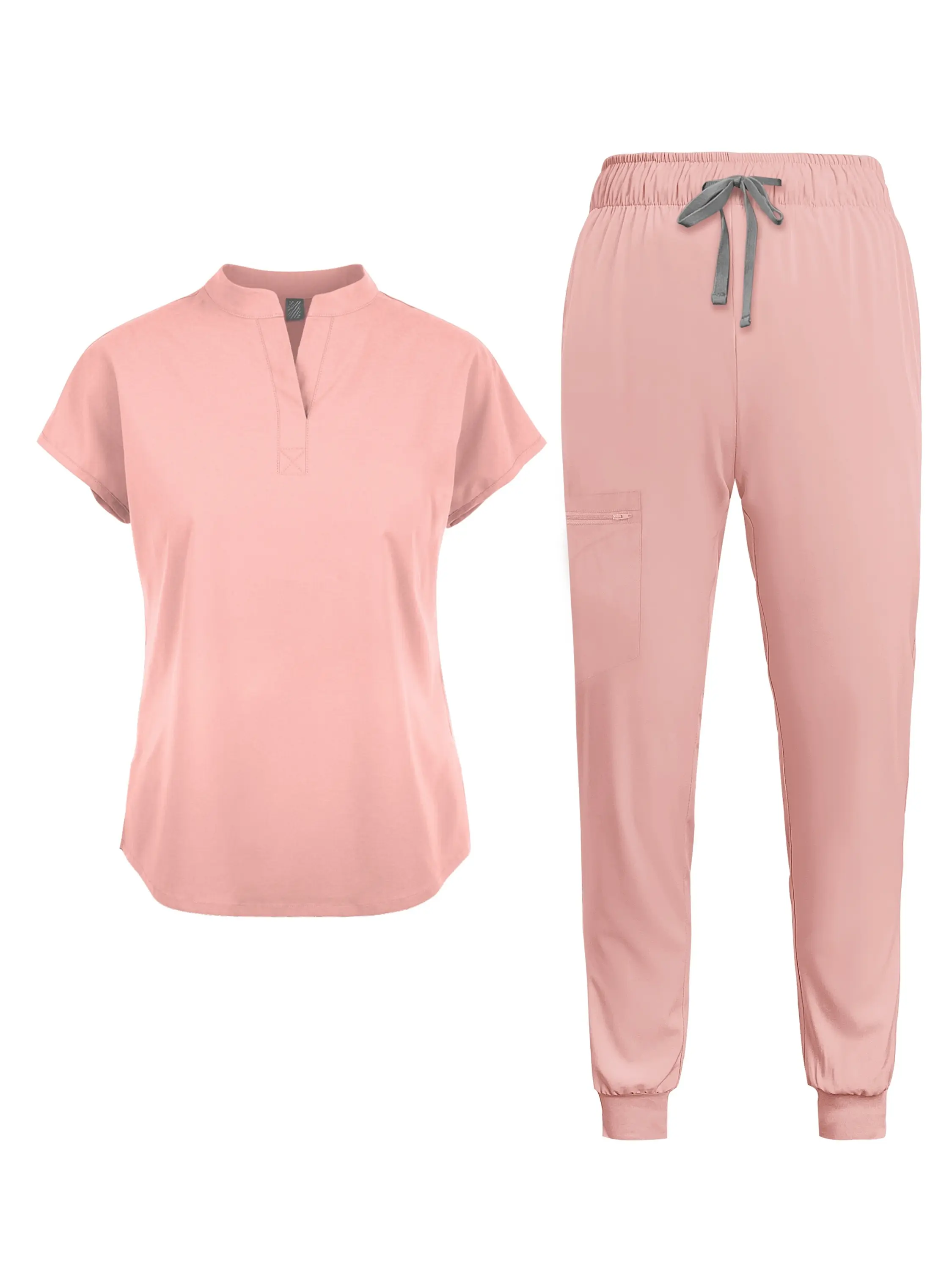 Women'S Casual Scrub Set Solid Color Short Sleeve Tunic Pants with Pockets Mandarin Collar Regular Length All Season Comfort Nurse Scrub Set for Dental Professionals