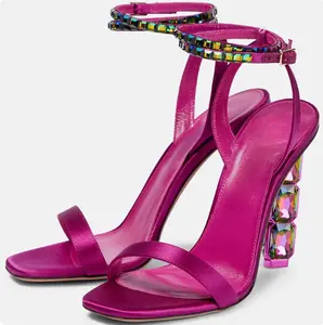 Custom Made Womens Fuchsia Satin High Heel Sandals with Rhinestone Ankle Strap Square Toe Iridescent Gemstone Block Heels Elegant Party Evening Cocktail Wedding Prom Clubwear Formal Dress Sandals