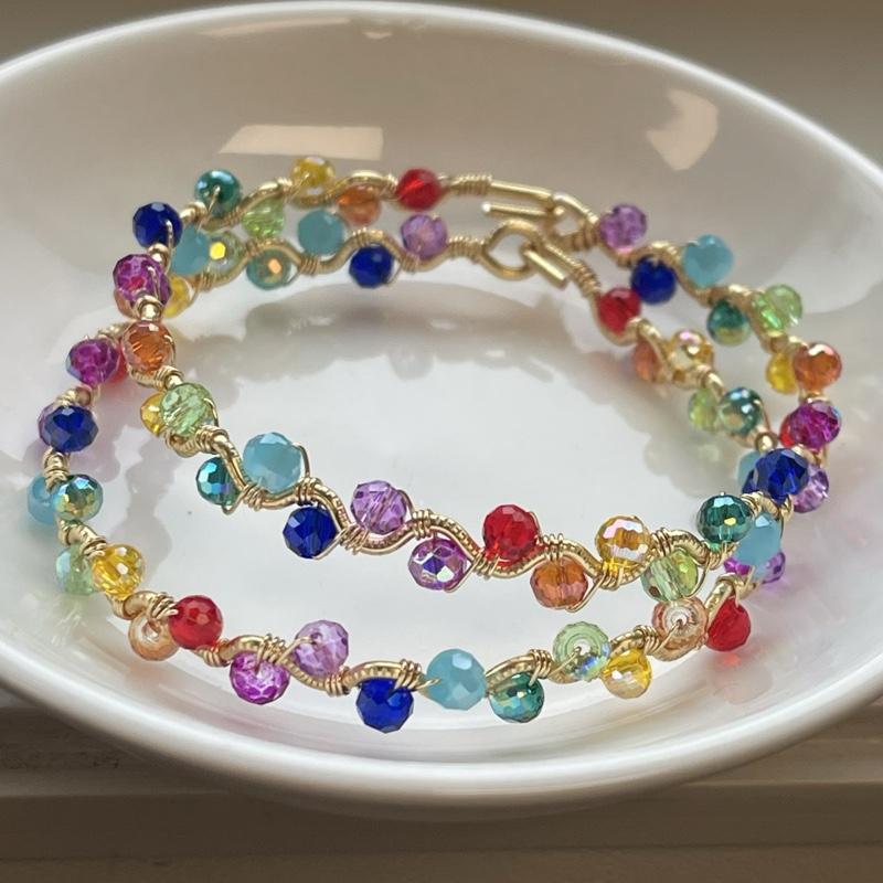 PRIDE Rainbow on Gold Copper Core Wire Wrap Dainty Wave Bangle Bracelet Handmade Adjustable Unique Design with Pink Pearl Hook Closure