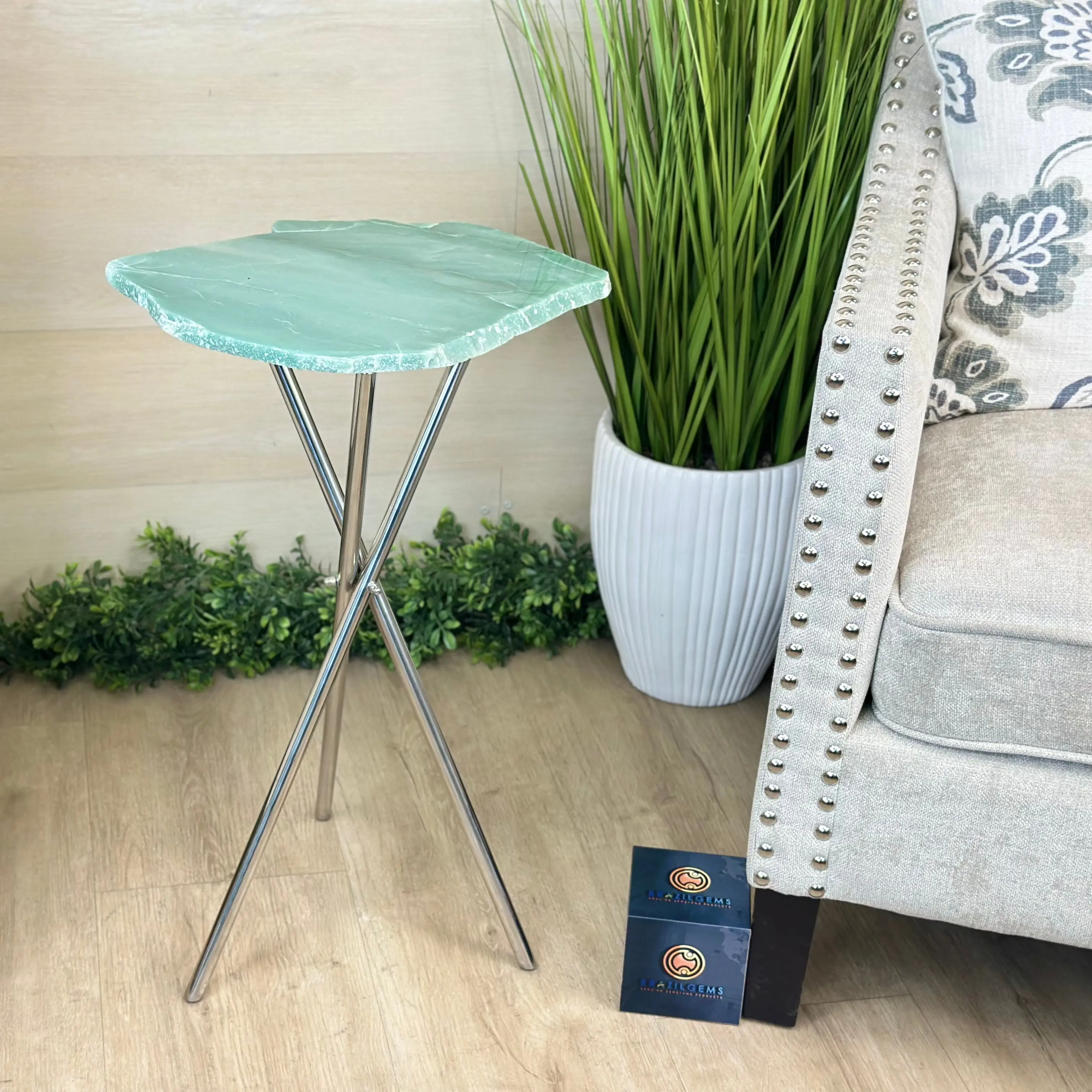 Natural Green Quartz Side Table on Chrome Metal Base, 24.6" Tall #1341GQ-001