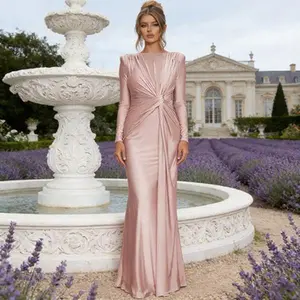 2025 Summer New Women’s Elegant Long-Sleeve Bodycon Evening Gown with Twist-Front Detail & Satin Fabric