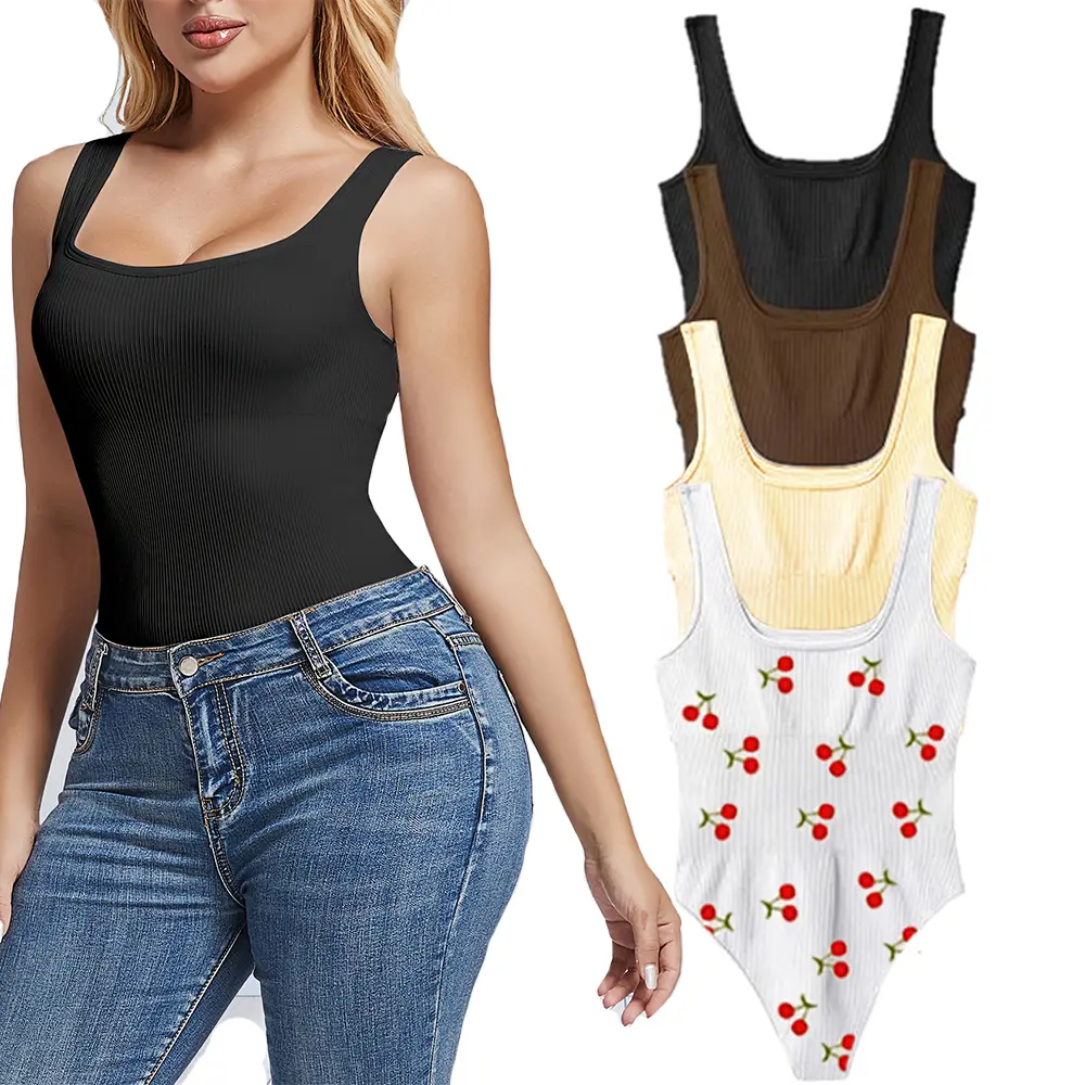 Women's 4-Piece Chic Bodysuit Tops - Sleeveless Square Neck, Seamless Ribbed Fabric, Essential Basic for Layering with Flattering Fit
