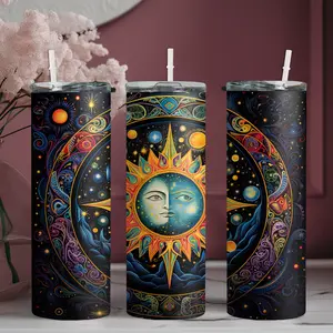 20oz stainless steel water bottle with straw, A cosmic design merging the sun and moon skinny tumbler, suitable for fitness, travel, driving, and daily use at home. A great gift for family and friends | 1pc