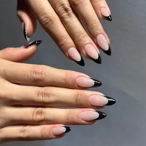 Almond Press on Nails Medium Fake Nail Black French Tip Stiletto Goth Glue ons False Nails Natural Full Cover Acrylic Manicure Glossy 24pcs
