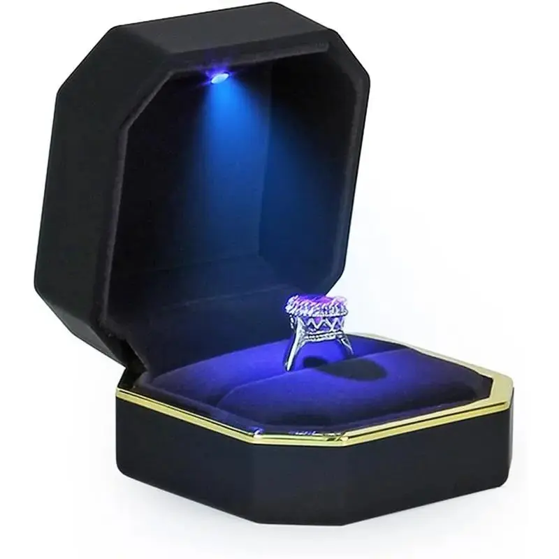 Luxury LED Ring Box, Square Velvet Ring Case Jewelry Gift Box with LED Light for Proposal Engagement Wedding Organiser