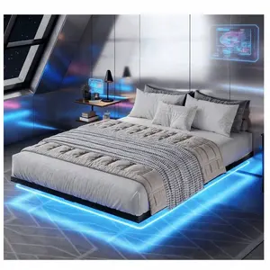 Black Modern Metal Bed Frame, Full Queen Or King Size, With LED Lights (USB Powered), Heavy Duty Steel Slats Support, Noise Free Construction, Easy To Assemble, No Box Spring Needed