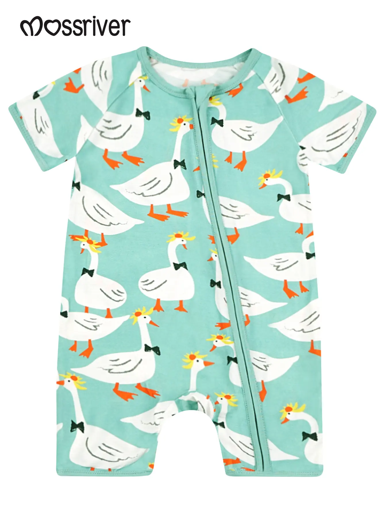 mossriver Kids' Sleepwear, Short Sleeve Zipper Romper in Super Soft Bamboo with an Artistic Animal Characters Print, Ages 0 - 2 Years, Animals, Baby Onesie