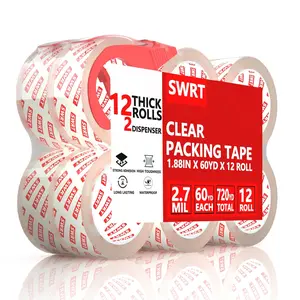 2.7Mil Thick Ultra Clear Packing Tape 12 Rolls Heavy Duty Packaging Tape with 2 Dispensers for Shipping Packaging Moving Mailing Thicker Sealing Tape 1.88" x 60 Yards Per Roll 720 Total Yards