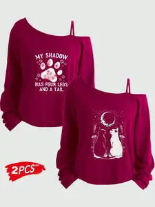 Women's Plus Size 2-Piece Set, Printed Long Sleeve & Short Tank Top, Asymmetrical Neckline, Loose Fit, All Seasons, Sizes 1-8xl