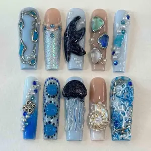 Deep Ocean Press On Nails 3D Glitter Jellyfish Nautilus Shell Mermaid Scales And Cora