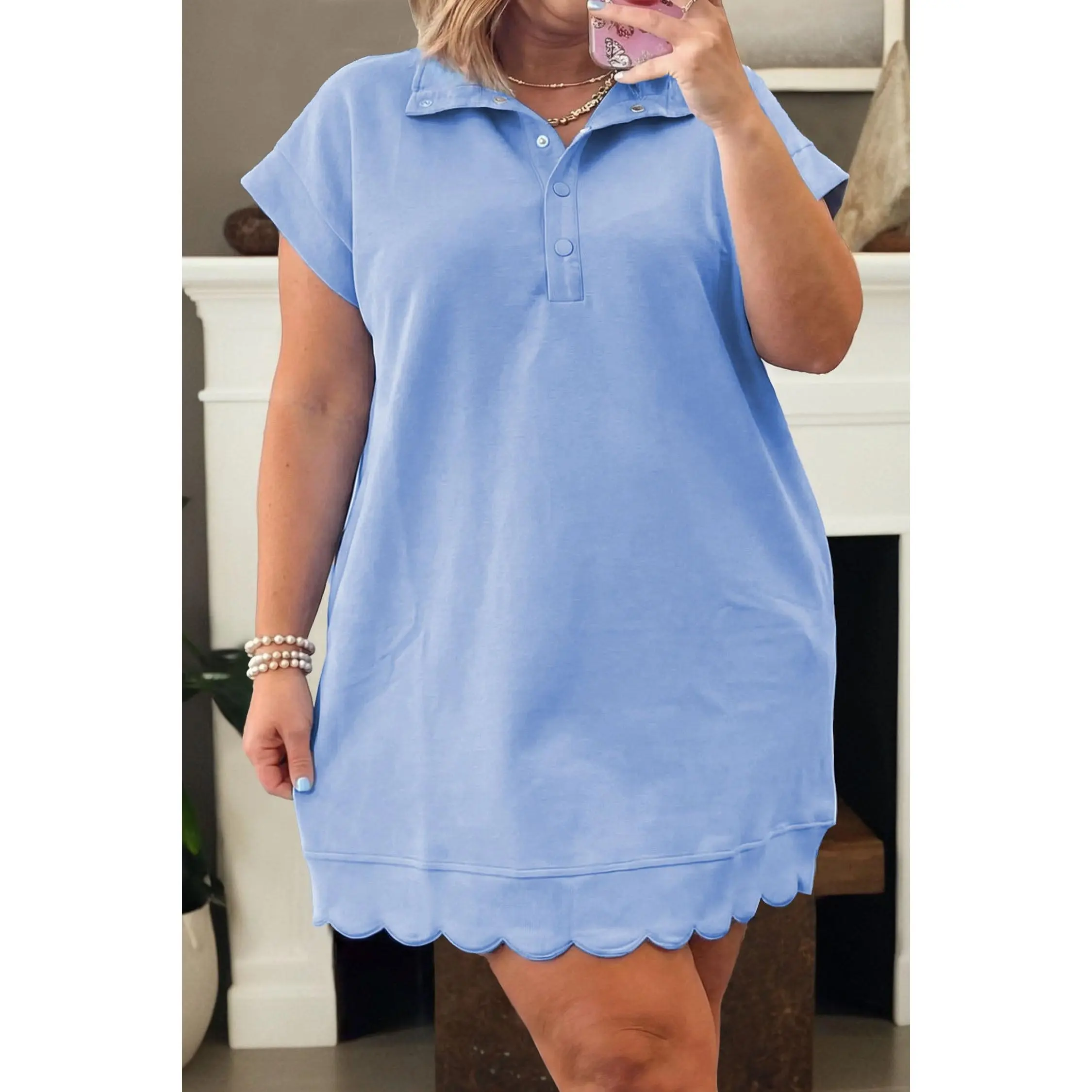 Women's Beau Blue Minimalist Curvy Dresses Plus Size, Basic Casual Wear Solid Scalloped Hem Button Neck Pullover Mini Dress