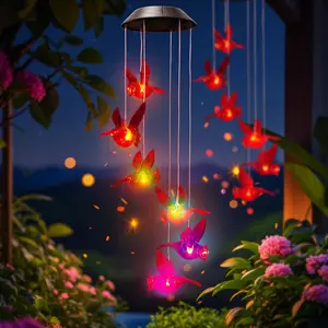 Solar-Powered North American Cardinal Wind Chime Lamp with 6LED Red Hummingbird Crystal Pendant 600mAh Battery for Outdoor Garden Patio Party & Holiday Gift
