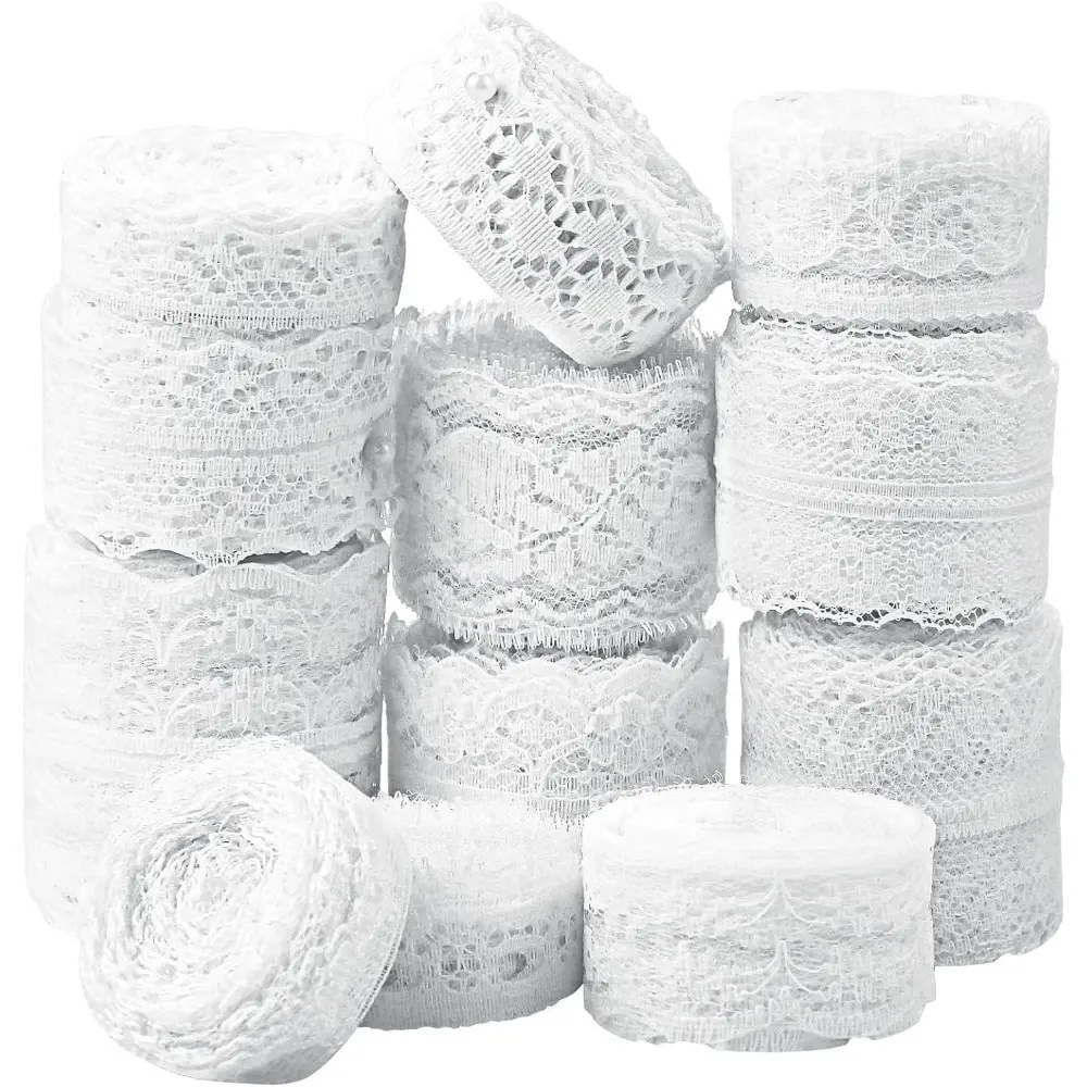 60 Yards White Lace Ribbon, 12 Rolls Vintage Floral Lace Trim with Assorted Crochet & Sewing Patterns for DIY, Gift Wrapping, Scrapbooking, Bridal Shower & Wedding Decor