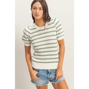 Scallop Season Puff Sleeve Knit Top - Sage Green