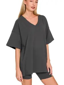 cotton v-neck top & biker shorts set