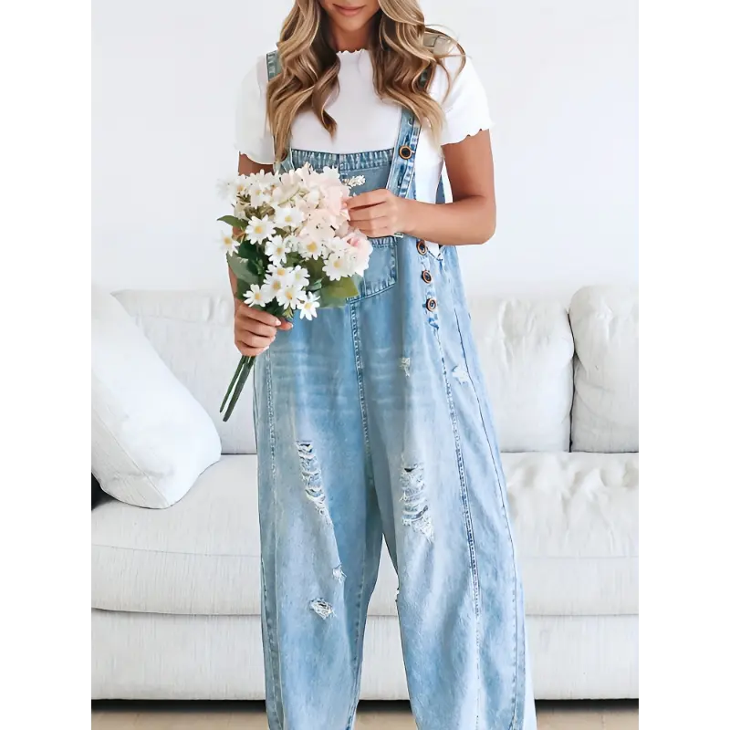 Women's Distressed Denim Overalls - Adjustable Strap Dungaree Cotton Polyester jumpsuit Fabric Womenswear Casual overalls outfit