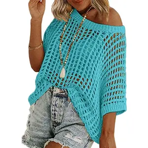 Women's Crochet Hollow Out Knit Top Sexy Oversized Mesh Net Sweater Casual Off the Shoulder Raglan Sleeve Summer Beach Cover Up Knitwear Womenswear,Short Sleeve Crochet Sweater Lightweight Summer Tops Loose Hollow Out Crewneck Pullover