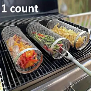 Outdoor BBQ Grill Basket, Stainless Steel Round Smoker, Portable Multi-Function Rotating Roller, Perfect for Grilling and Outdoor Cooking