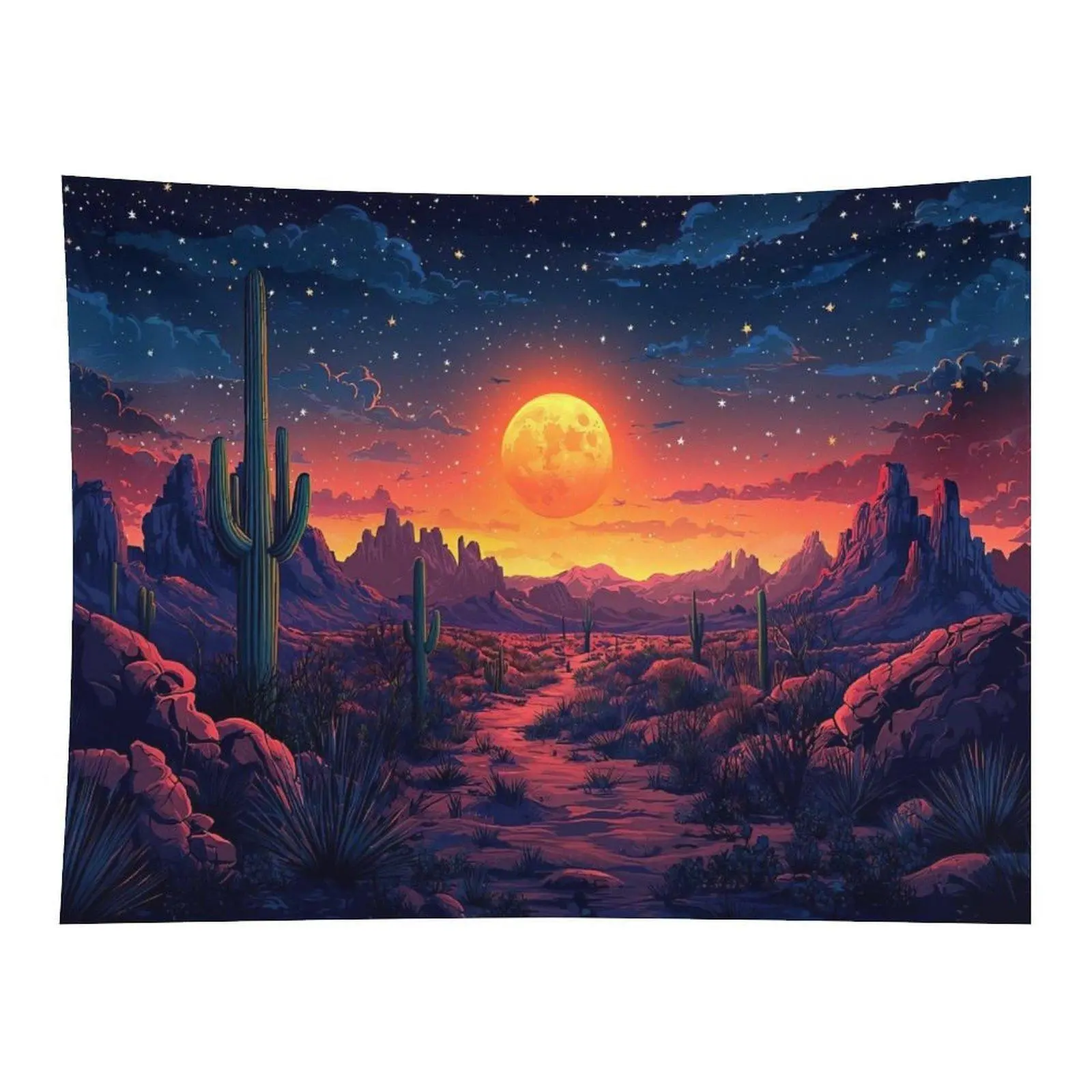 Southwest Desert Giant Saguaro Cactus Full Moon Starry Night Sunset Canyon Western Country Oil Painting Landscape Wall Tapestry For Farmhouse Boys Bedroom Decor
