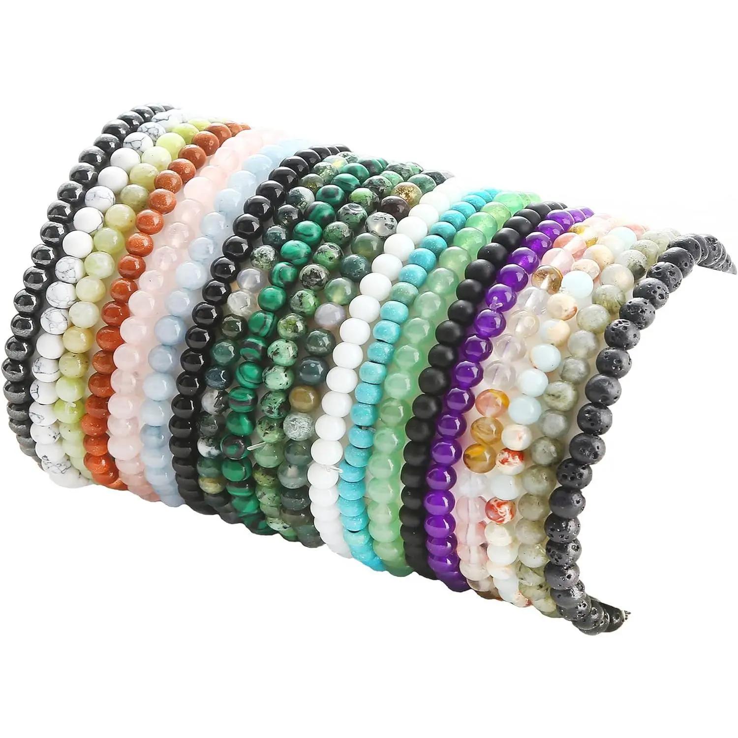 20Pcs 4mm Stone Beaded Bracelets for Women Mens Healing Stone Bracelet Stretch Mini Round Beads Elastic Bracelets Jewelry Gifts Black Onyx Lemon Jade