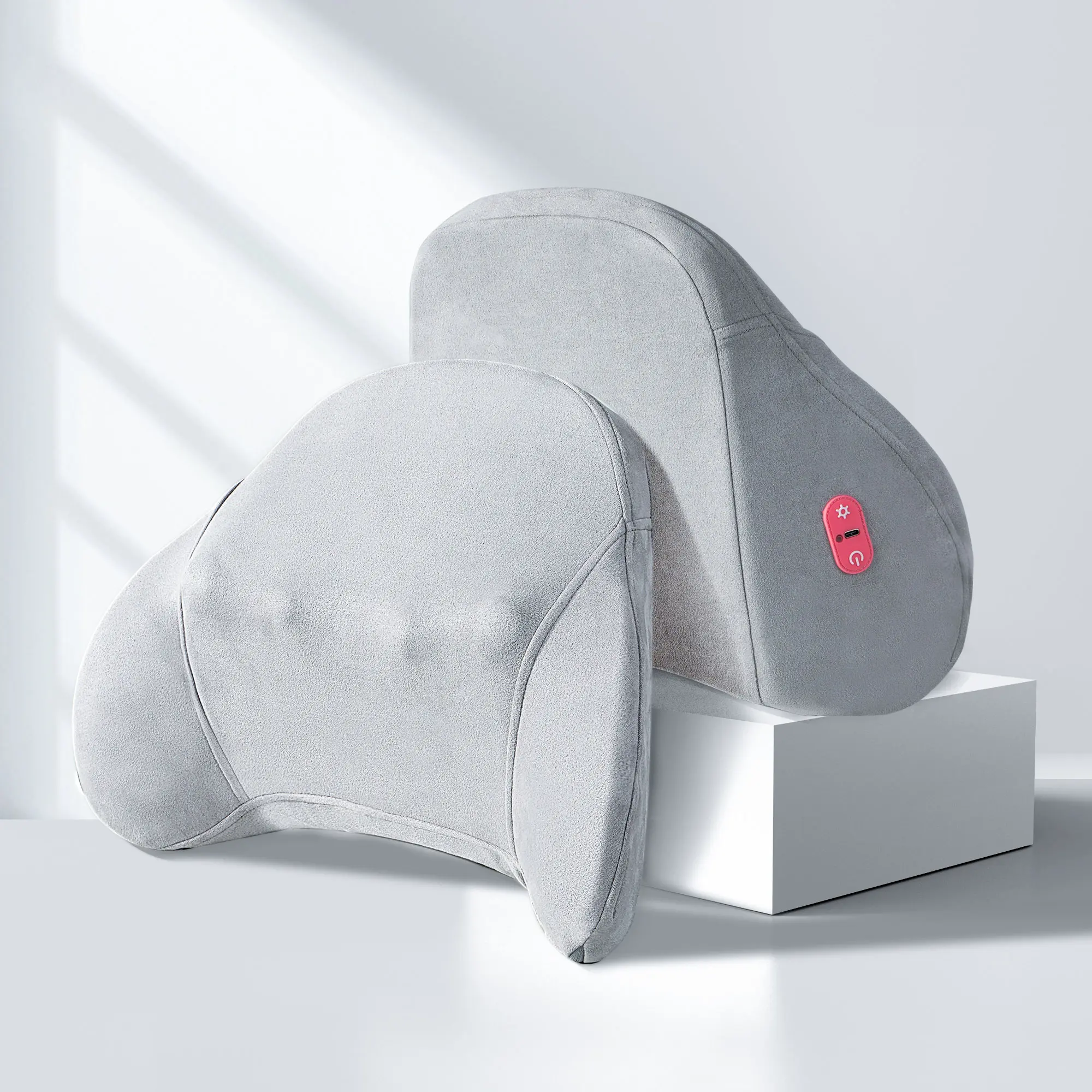 Portable massager for ergonomic back and waist relief; rechargeable portable massager suitable for home, office, and travel use; equipped with a rechargeable battery.