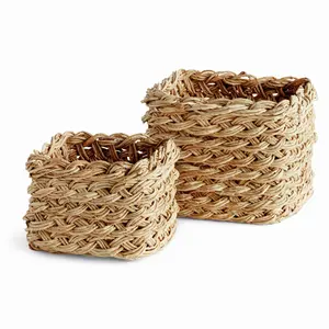 Abaca French Braid Storage Baskets Square, Set Of 2