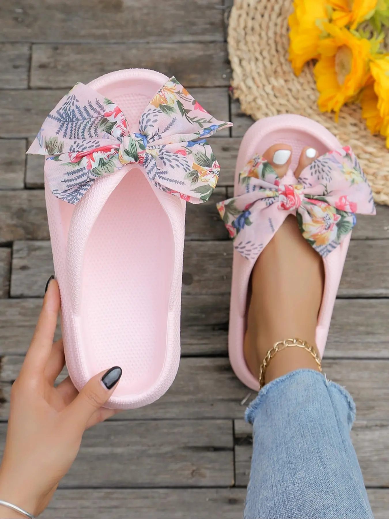 Women's Cute Floral Print Bowknot Design Slides, Casual Comfortable Home Slippers, Summer Slippers, Non-slip Slippers for Indoor & Outdoor Wear, Girl, Soft Slippers