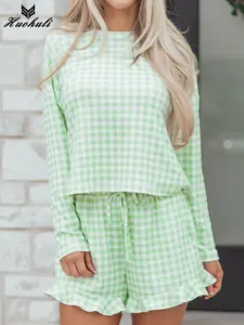 Women's Green Gingham Long Sleeve Loose Top Drawstring Shorts Sets Summer Casual Two Piece Outfits Fashion Gingham Pullover Tops Elegant Matching Sweatsuits Cozy Lounge Wear Slumber Party Apparel Classic Picnic Style Clothing