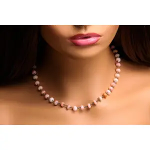 Peruvian Pink Opal Roundel 7-7.5mm wire wrapped Rhodium Silver Handmade Chain Necklace Beach Boho Summer Jewelry