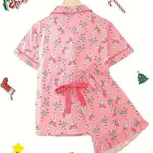 Fall 2024 new Christmas cane Candy Pocket Pajamas ruffled two-piece set, Christmas slumber party fun sleepwear Loungewear Comfort   Loungewear Comfort