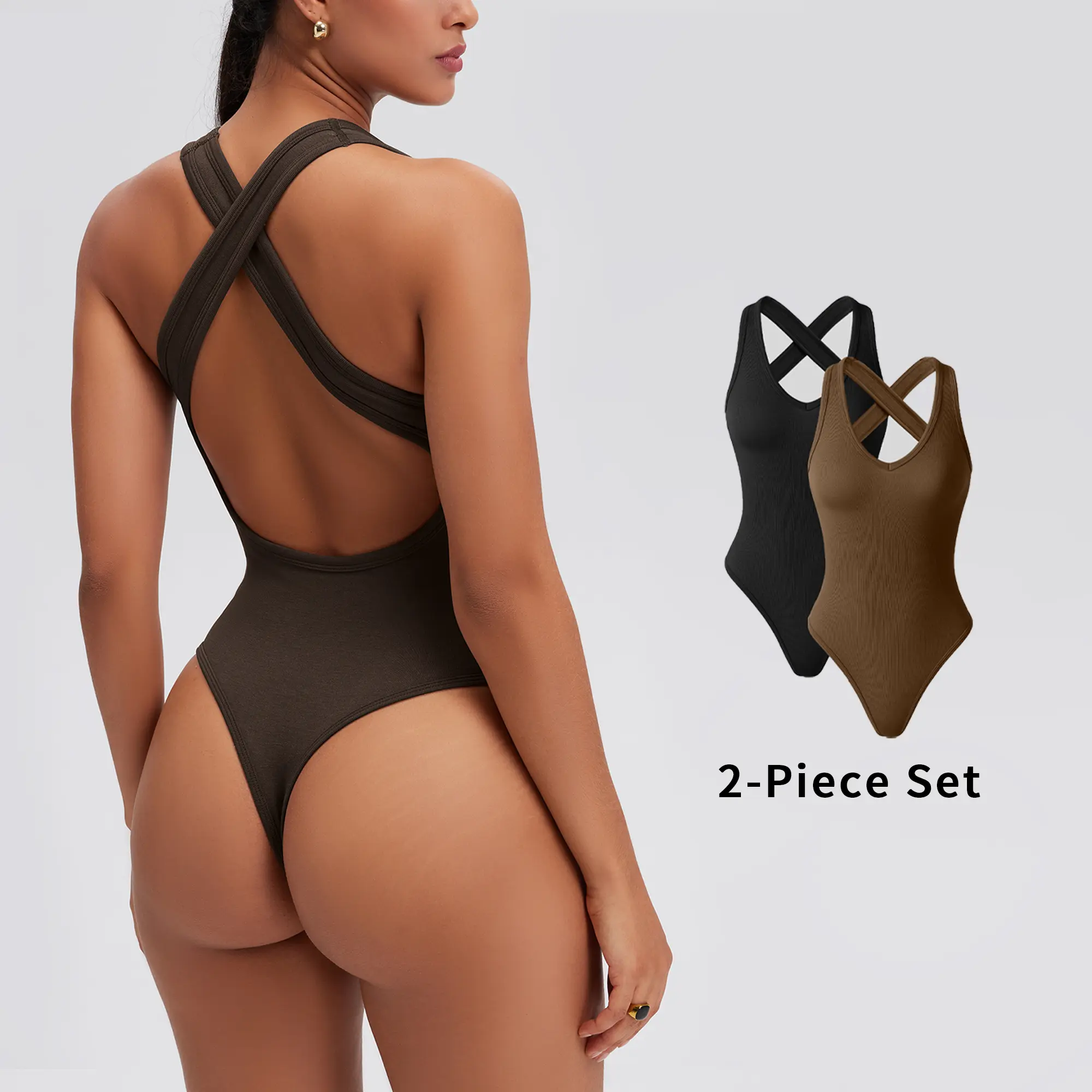OQQfitness Women Solid Backless Racerback Tank Bodysuit  Cross-Strap Sleeveless Top Deep V Neck All Seasons, Cute Tops,back to school,back to school shopping