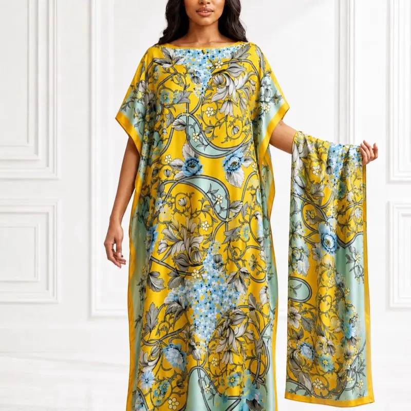 Elegant Floral Moo Moo Kaftan Maxi Dress with Matching Head Scarf | One Size Fits Most
