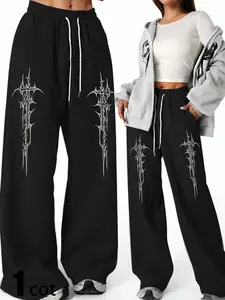 Women's gothic print straight athletic pants with an elastic drawstring waistband, loose fit, stylish, comfortable, and casual, suitable for everyday wear and exercise. Campus style.