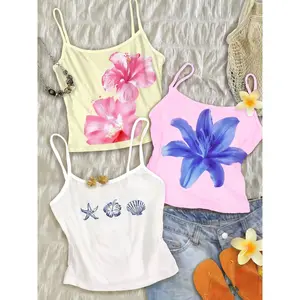 Set of 3 Ladies' Casual Sleeveless Cami Top Spaghetti Strap, Short Cropped Design with Bohemian Floral and Shell Prints, Soft Fabric, For Daily Wear, Beach Holiday, Music Festival, Boho Sleeveless Top
