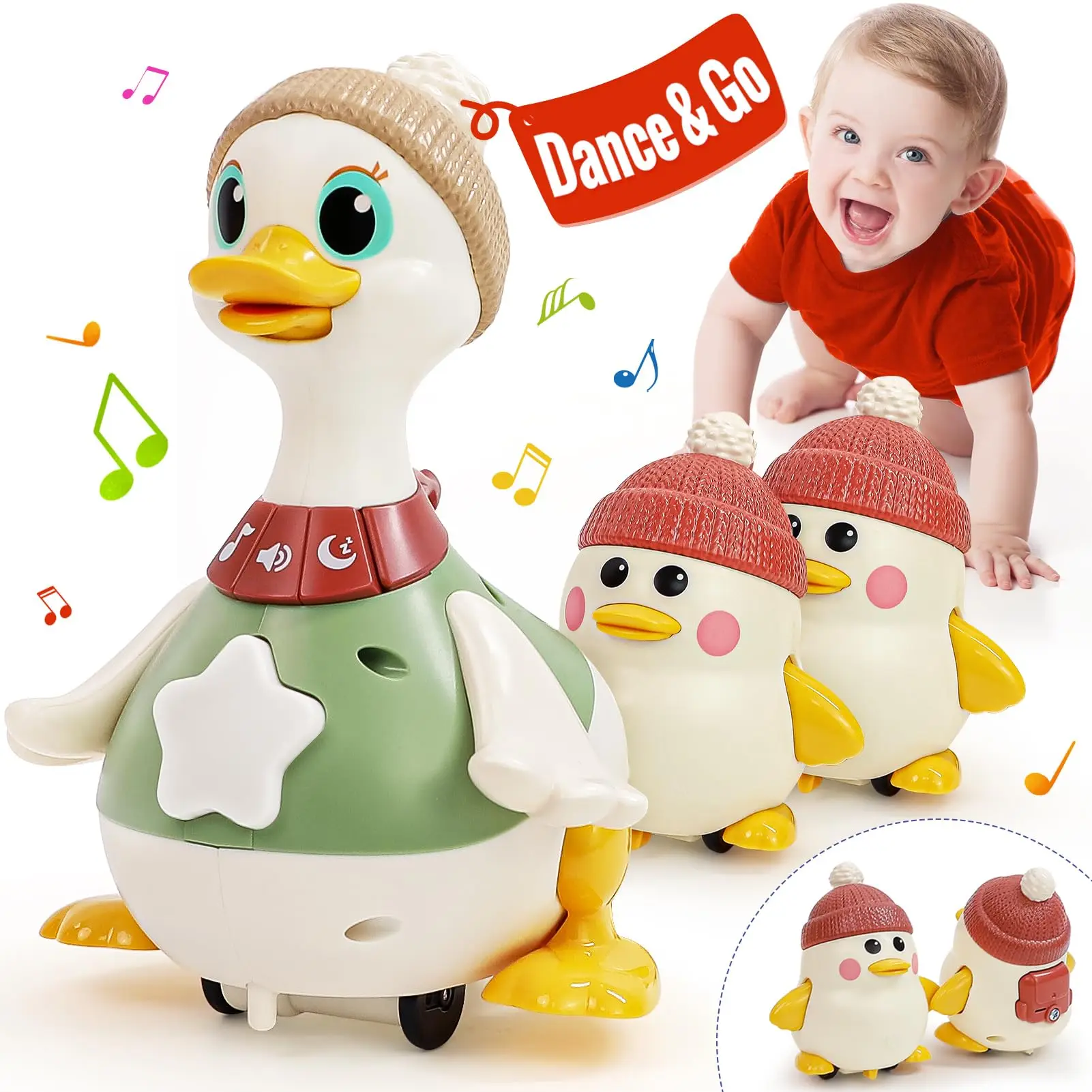 HOLA Musical Light Up 3 Pack Crawling Swinging Ducks Interactive Baby Toy with Exploration Motor Activities Developmental Tummy Time Sensory Stimulati