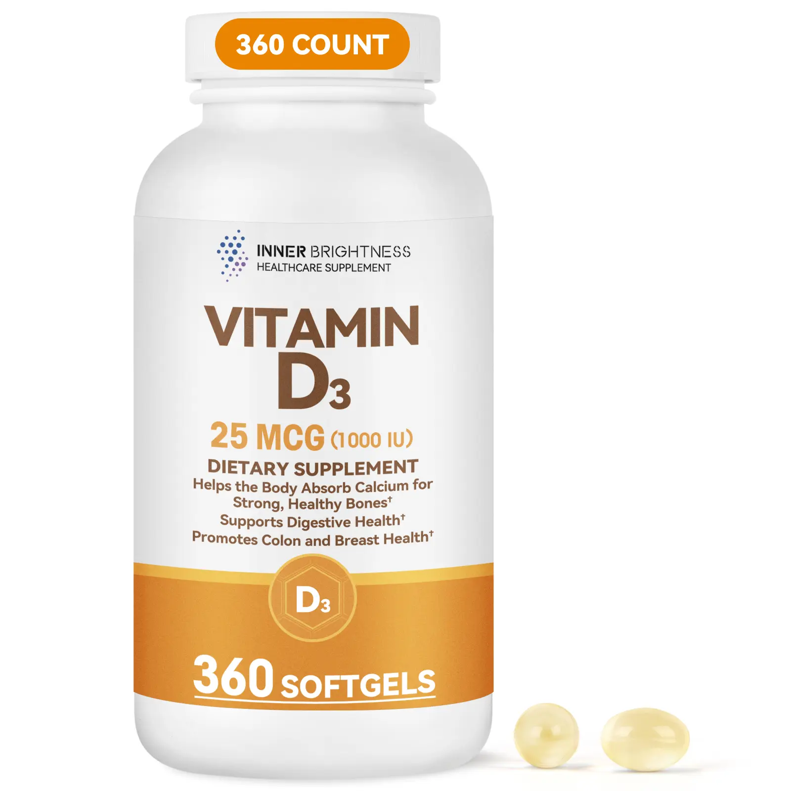 Vitamin D3 1000 IU (25 mcg) Softgels, Inner Brightness Vitamin D Softgels, Bone & Immune & Digestive Health Support, Gluten Free, No Artificial Additives, 360 Count, 360 Day Supply
