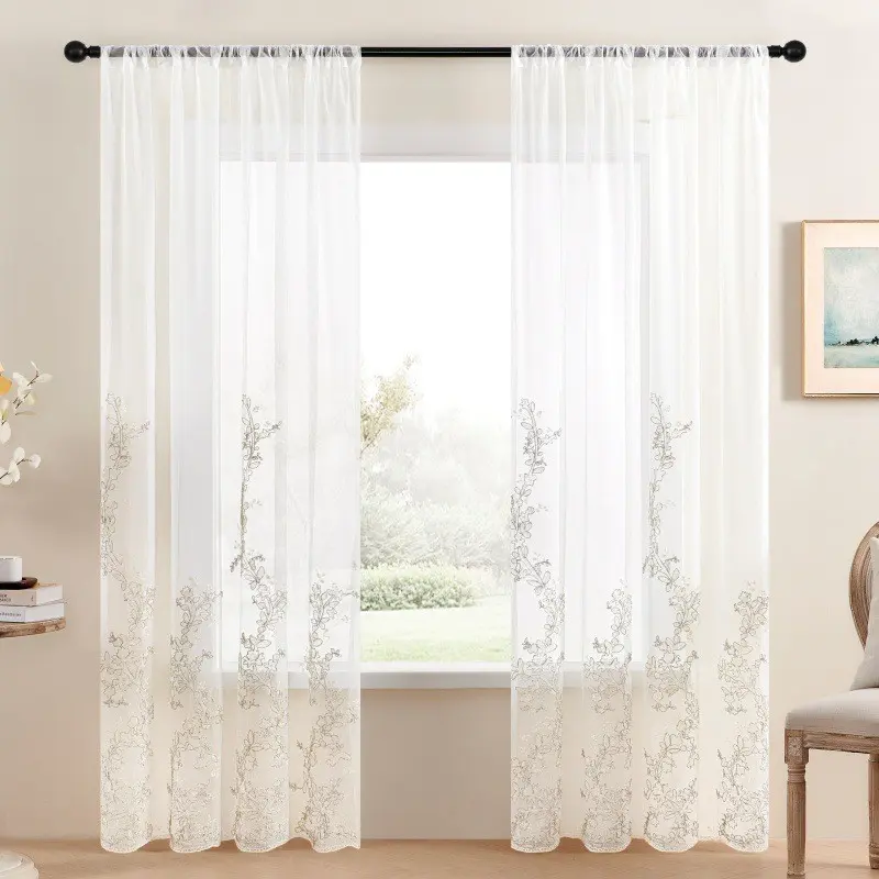 1pc European Style Embroidered Sheer Curtain for Balcony and Living Room, Bedroom Window Drapes with Thick Embroidery Design