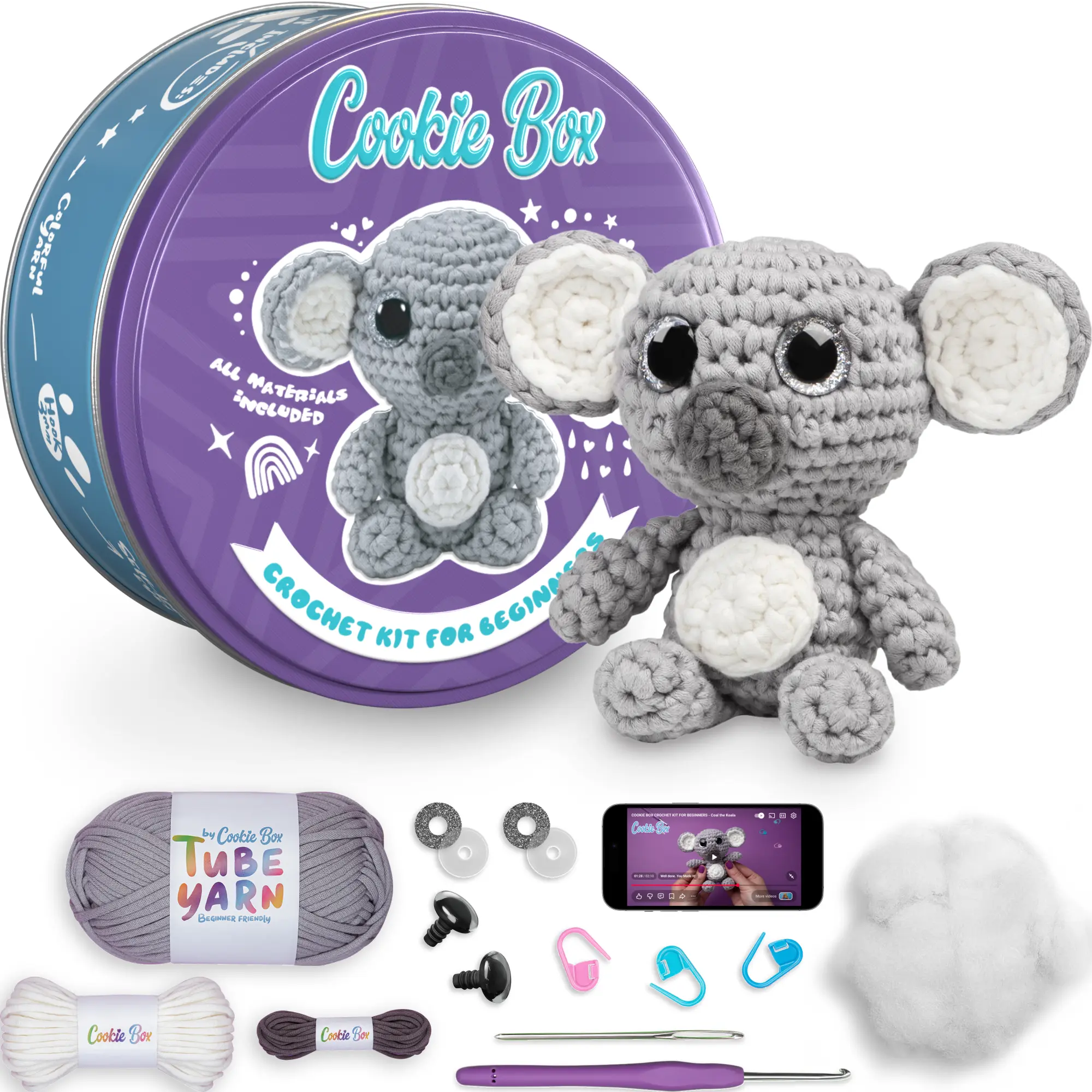 Cookie Box Original Crochet Kit for Beginners – Gift Set to Make Koala Coal Amigurumi Plushie – Easy DIY Crochet & Knitting Starter Kit with Video and PDF Tutorials