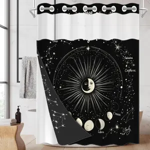 1pc hookless shower curtain with liner, star and moon constellation design 2D flat printing, fabric waterproof liner shower curtain with peek-through window, double-layer shower curtain, 71 x 74 inches, modern home curtain decoration, Bathroom Curtain