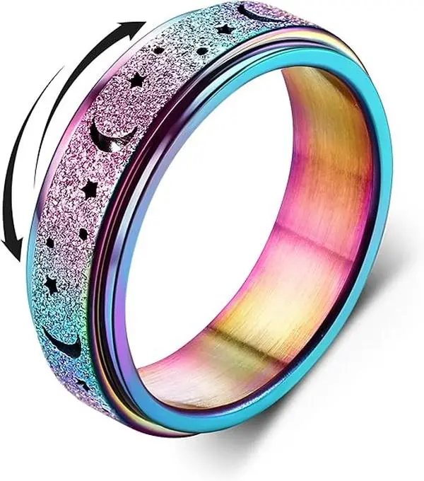 Anxiety Spinner Fidget Ring | Stainless Steel Moon Star Spinning Band | Stress Relief Sandblast Glitter Finish | Unisex Sizes 4 to 11