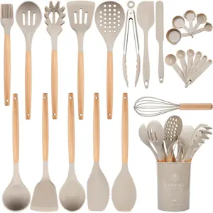 Silicone Cooking Utensils Set with Holder, BPA Free Silicone Utensils Set for Cooking, 446° F Heat Resistance Wooden Handle Kitchen Utensil Spatula Spoon Tongs Non-stick Kitchen Gadgets (Khaki) Hanging Cookware Pasta Pot