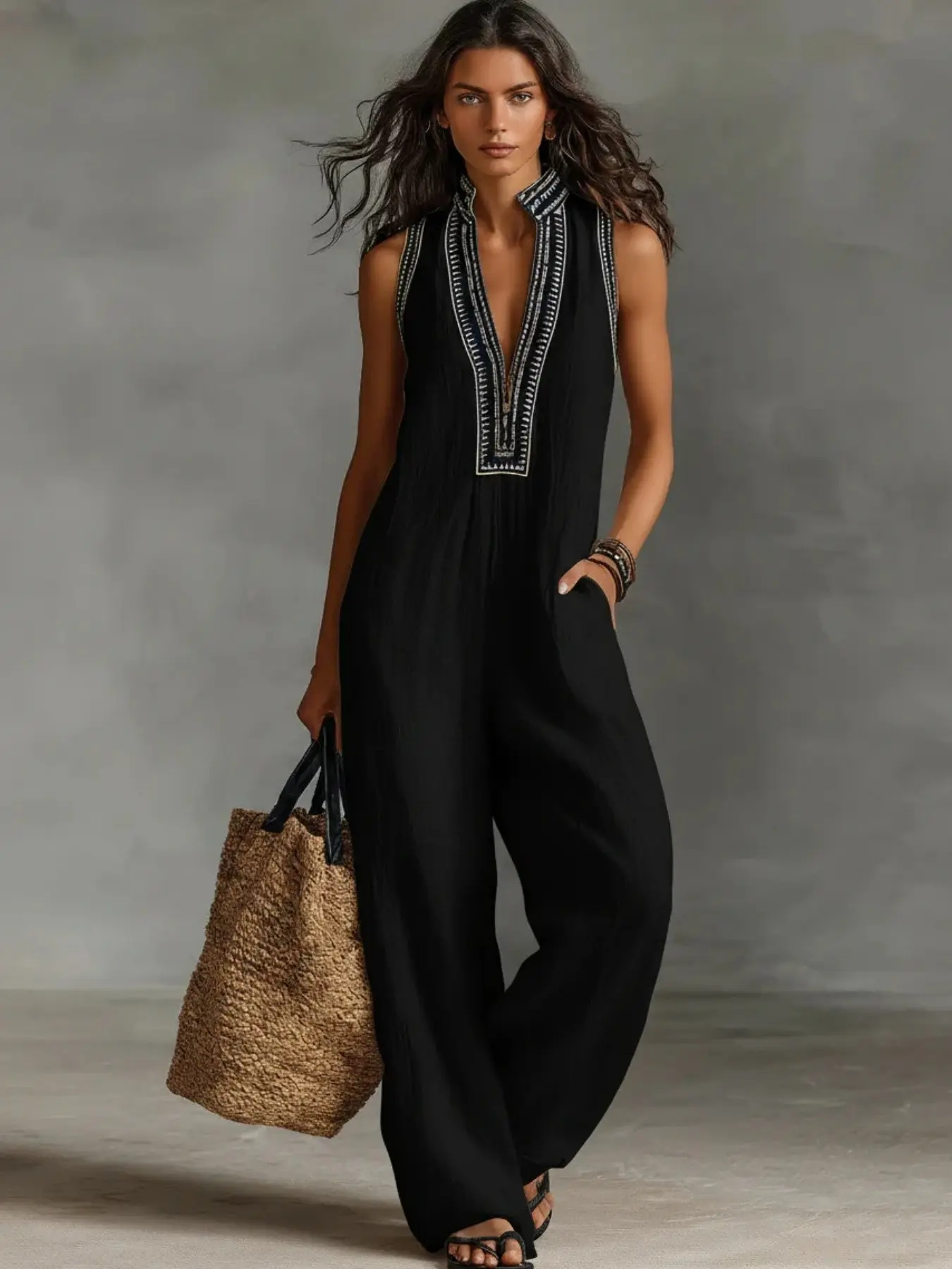 French Vacation Style Sleeveless Jumpsuit, Casual Basic Jumpsuit, Colorblock Trim Standing Collar, Casual Loose Fit Slimming Wide Leg Pants, Comfortable and Stylish, Polyester